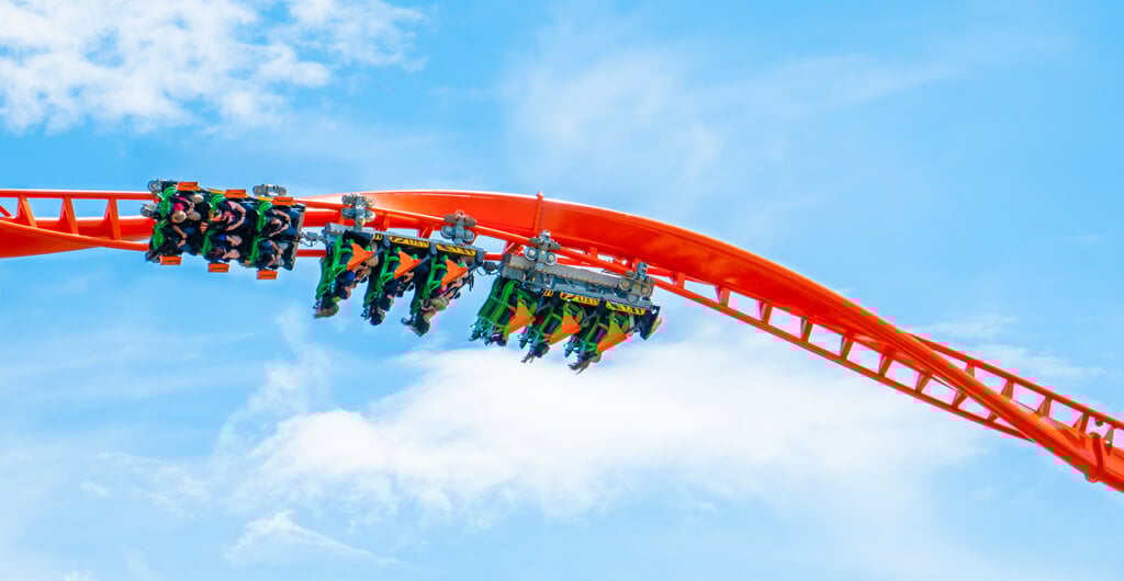 An orange and black roller coaster called Tigris, located at Busch Gardens Tampa Bay, located in Florida