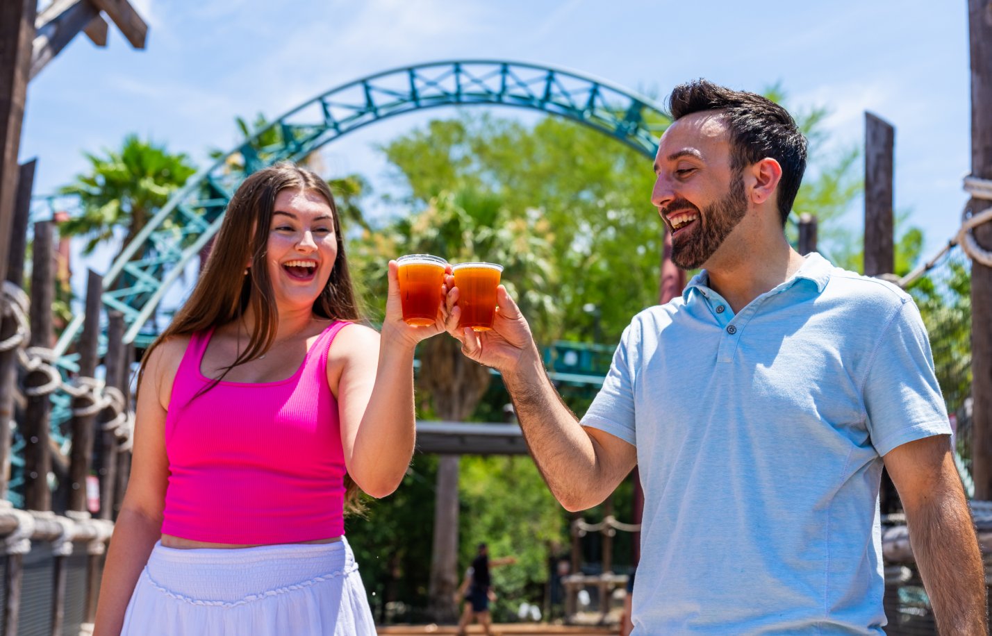 Two guests enjoying beer at Busch Gardens Tampa Bay
