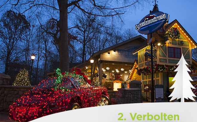 Busch Gardens Williamsburg Verboten Rollercoaster entrance during Christmas Town