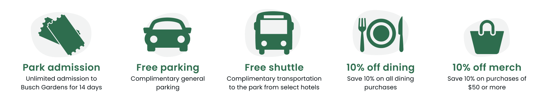 Vacation Package Benefits include free admission, free parking, free transportation and 10 percent off dining and merchandise.