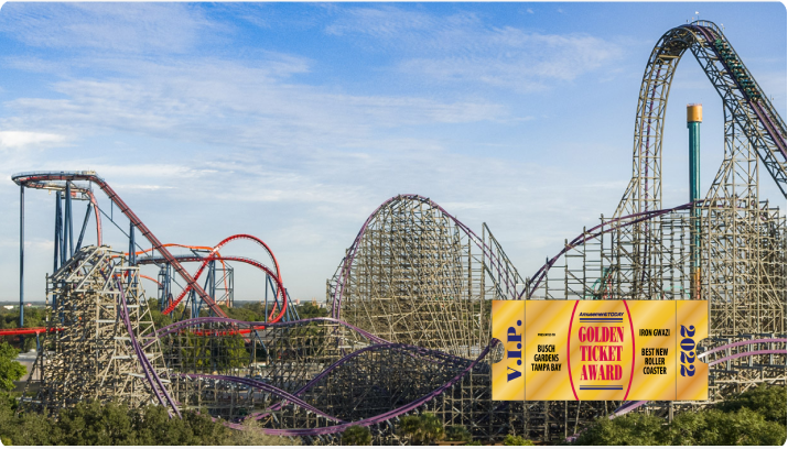 Iron Gwazi with SheiKra and Falcon's Fury in the background. Golden Ticket Award Winner for Best New Roller Coaster